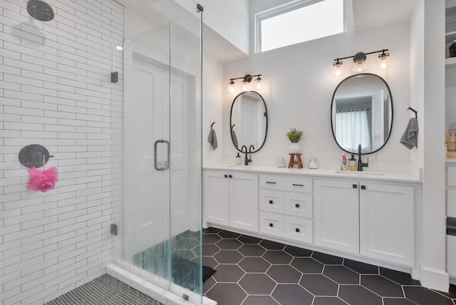 2415 Vz County Road 2624, Wills Point, TX 75169 - bathroom with a stall shower, double vanity, and tile patterned flooring