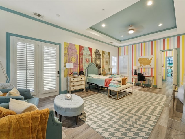 1705 Bison Meadow Ln, Heath, TX 75032 - bedroom featuring a raised ceiling, access to outside, wood finished floors, baseboards, and recessed lighting
