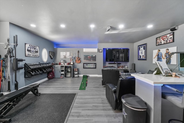 1705 Bison Meadow Ln, Heath, TX 75032 - rec room featuring wood finished floors, recessed lighting, and an AC wall unit