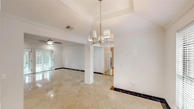 2212 Creekwood Ct, Flower Mound, TX 75028 - empty room with a chandelier, baseboards, crown molding, tile patterned floors, and ceiling fan