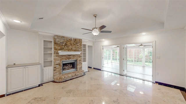 2212 Creekwood Ct, Flower Mound, TX 75028 - unfurnished living room featuring a ceiling fan, a raised ceiling, baseboards, crown molding, and recessed lighting