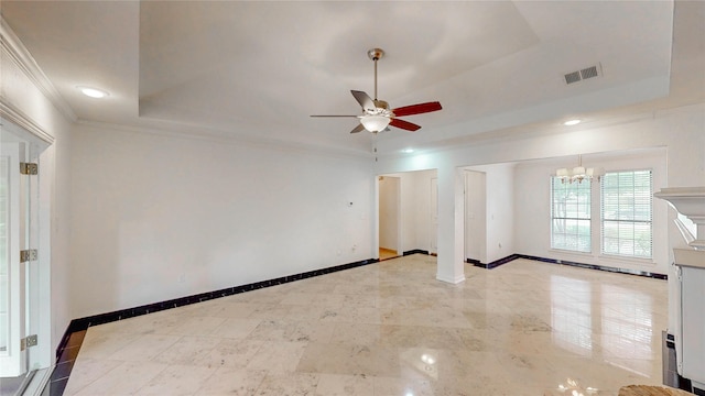 2212 Creekwood Ct, Flower Mound, TX 75028 - unfurnished room with a tray ceiling, a chandelier, ceiling fan, crown molding, and baseboards