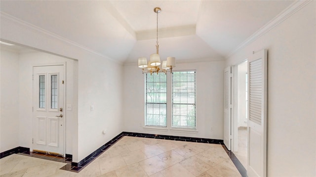 2212 Creekwood Ct, Flower Mound, TX 75028 - unfurnished dining area with baseboards, a chandelier, marble look tiles, vaulted ceiling, and crown molding