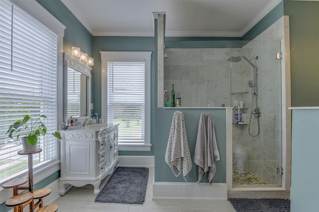 520 N College St, Waxahachie, TX 75165 - full bathroom with a shower stall, vanity, baseboards, ornamental molding, and tile patterned floors