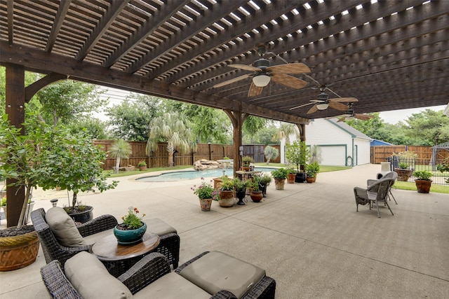 520 N College St, Waxahachie, TX 75165 - fenced backyard featuring an outbuilding, a patio area, a pergola, and ceiling fan