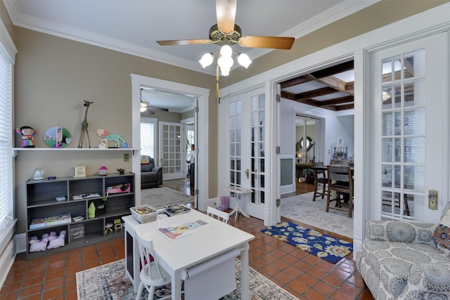 520 N College St, Waxahachie, TX 75165 - office with ceiling fan, crown molding, french doors, coffered ceiling, and beam ceiling