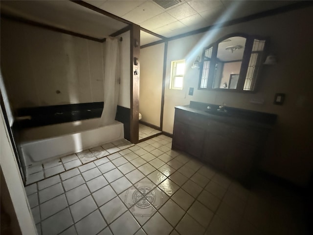 309 E Housley St, Strawn, TX 76475 - full bathroom with shower / bathtub combination with curtain, vanity, toilet, and tile patterned floors