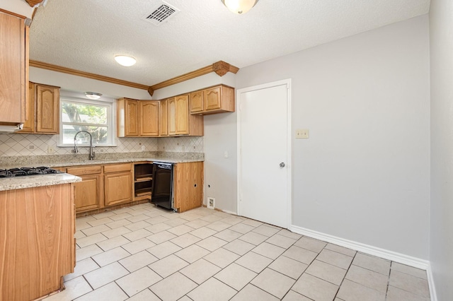 2200 Clover Park Dr, Arlington, TX 76013 - kitchen with tasteful backsplash, a textured ceiling, light stone countertops, ornamental molding, and dishwasher