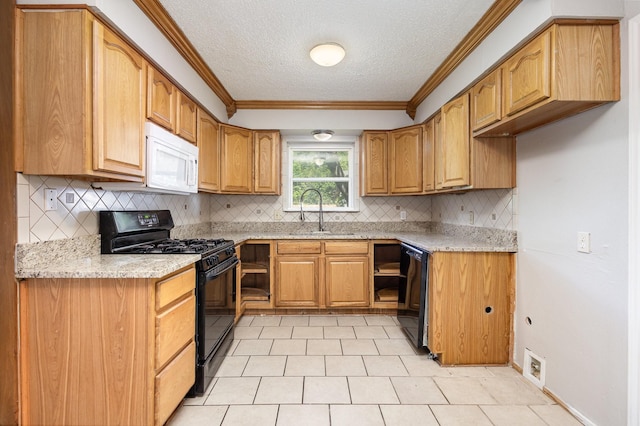2200 Clover Park Dr, Arlington, TX 76013 - kitchen featuring black appliances, decorative backsplash, a textured ceiling, crown molding, and light stone countertops