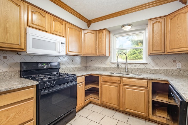 2200 Clover Park Dr, Arlington, TX 76013 - kitchen featuring black appliances, light tile patterned floors, tasteful backsplash, ornamental molding, and open shelves
