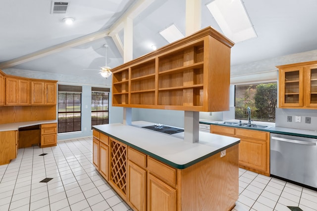 2621 Brennan Ct, Plano, TX 75075 - kitchen featuring dishwasher, a sink, open shelves, and light tile patterned flooring