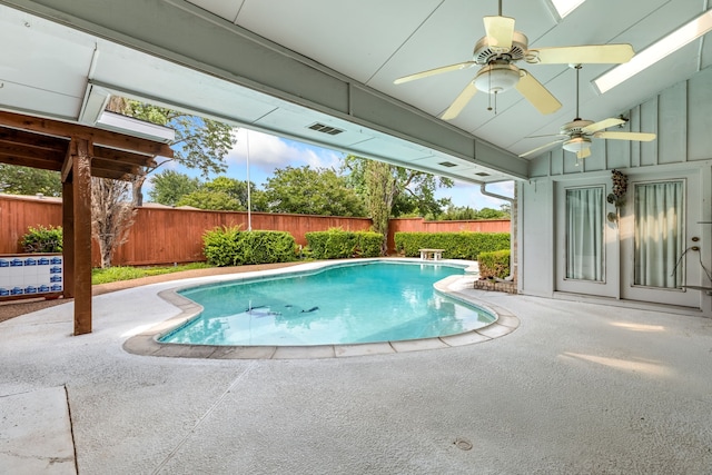 2621 Brennan Ct, Plano, TX 75075 - view of pool with a fenced backyard, ceiling fan, a patio area, and a diving board