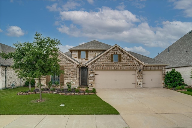9712 Surveyor Rd, Little Elm, TX 75068 - view of front of house with brick siding, a garage, concrete driveway, and a front lawn