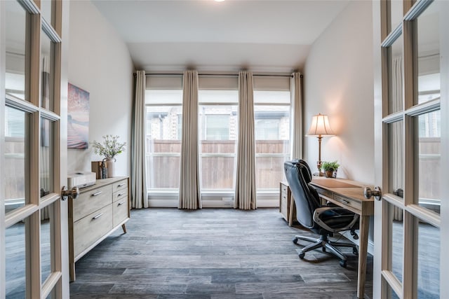9712 Surveyor Rd, Little Elm, TX 75068 - home office featuring french doors, lofted ceiling, dark wood finished floors, and plenty of natural light