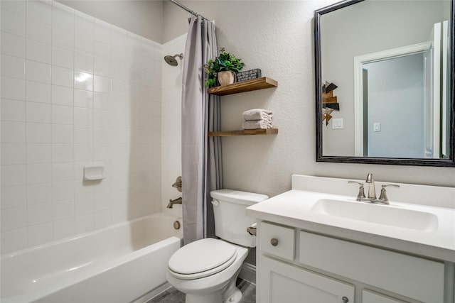 9712 Surveyor Rd, Little Elm, TX 75068 - bathroom with toilet, shower / bath combo with shower curtain, vanity, and a textured wall