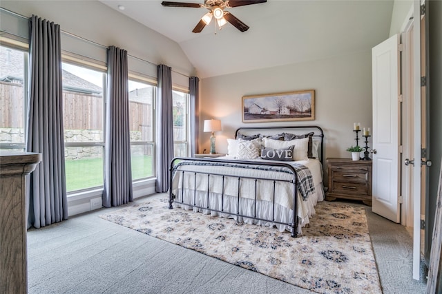 9712 Surveyor Rd, Little Elm, TX 75068 - bedroom featuring carpet, lofted ceiling, and ceiling fan