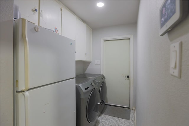 7251 Valley Dale Ct, Benbrook, TX 76116 - laundry area featuring washer and clothes dryer, recessed lighting, cabinet space, and tile patterned floors