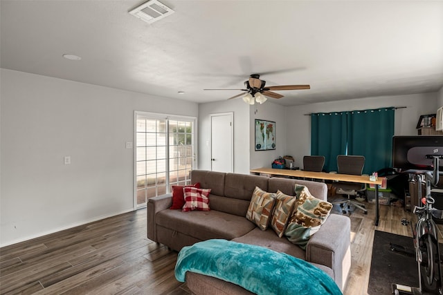 7251 Valley Dale Ct, Benbrook, TX 76116 - living room featuring wood finished floors, ceiling fan, and an office area