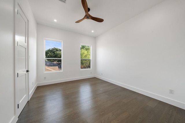 4233 Skillman St, Dallas, TX 75206 - unfurnished room featuring dark wood-style flooring, ceiling fan, recessed lighting, and baseboards