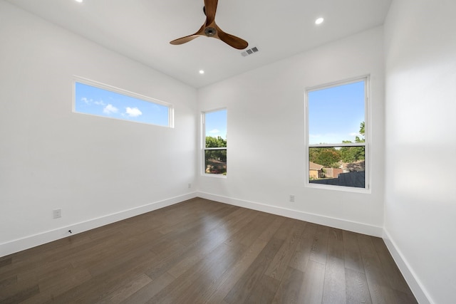 4233 Skillman St, Dallas, TX 75206 - unfurnished room with baseboards, dark wood-type flooring, recessed lighting, and a ceiling fan
