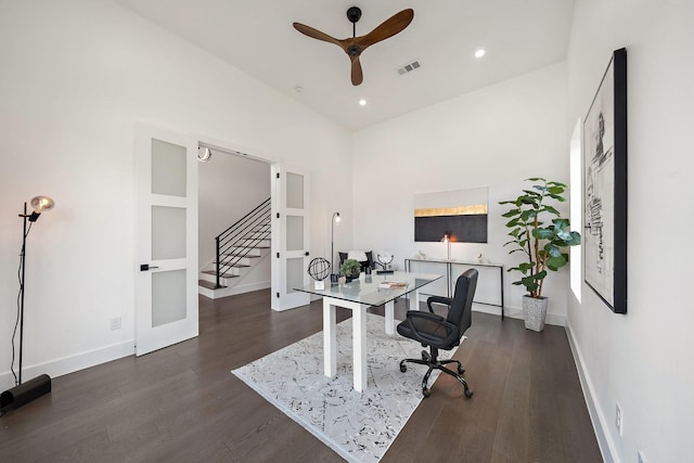 4233 Skillman St, Dallas, TX 75206 - office with a ceiling fan, dark wood-type flooring, baseboards, and recessed lighting