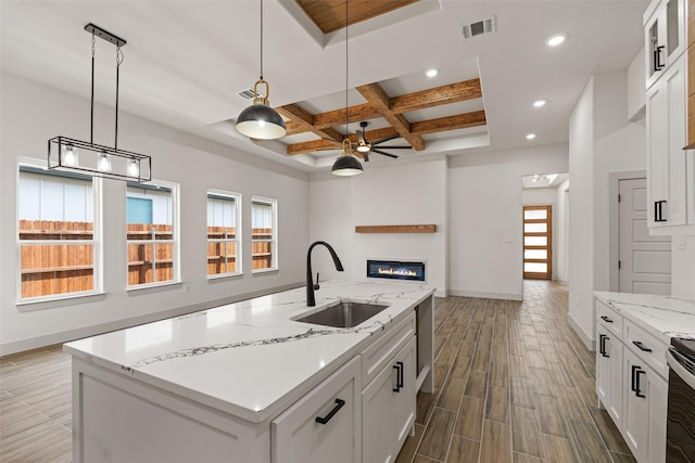5845 Black Pine Cir, Granbury, TX 76048 - kitchen featuring a sink, coffered ceiling, healthy amount of natural light, baseboards, and recessed lighting