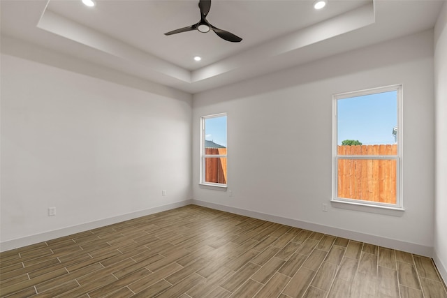 5845 Black Pine Cir, Granbury, TX 76048 - spare room featuring a tray ceiling, plenty of natural light, wood finished floors, baseboards, and recessed lighting