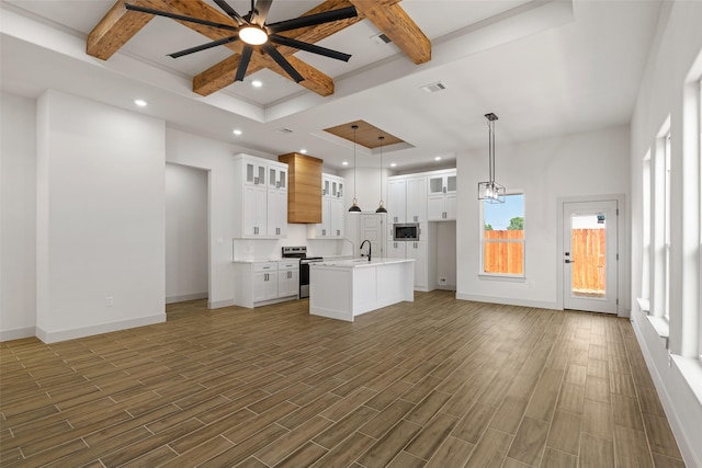 5845 Black Pine Cir, Granbury, TX 76048 - unfurnished living room featuring beam ceiling, a sink, coffered ceiling, baseboards, and ceiling fan