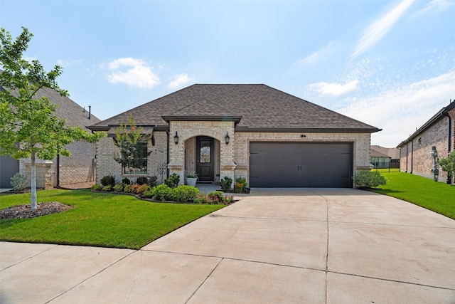 7700 Cerrito Trl, Fort Worth, TX 76123 - french country style house with a shingled roof, a front yard, concrete driveway, an attached garage, and brick siding