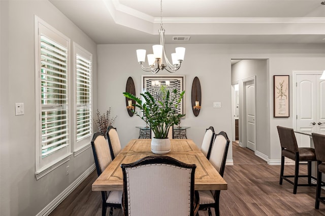 7700 Cerrito Trl, Fort Worth, TX 76123 - dining area with a chandelier, dark wood-style floors, baseboards, and crown molding