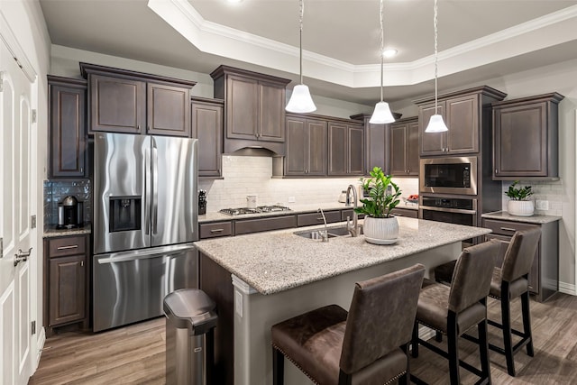 7700 Cerrito Trl, Fort Worth, TX 76123 - kitchen featuring stainless steel appliances, a sink, wood finished floors, a tray ceiling, and dark brown cabinetry
