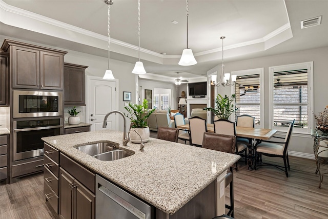 7700 Cerrito Trl, Fort Worth, TX 76123 - kitchen featuring appliances with stainless steel finishes, a sink, a tray ceiling, plenty of natural light, and ornamental molding