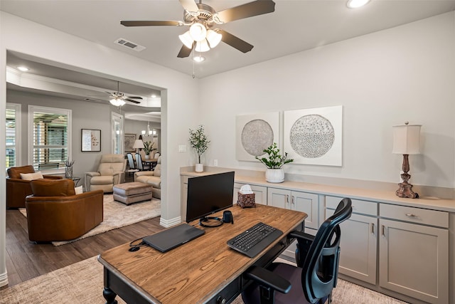 7700 Cerrito Trl, Fort Worth, TX 76123 - office area with ceiling fan, wood finished floors, and recessed lighting
