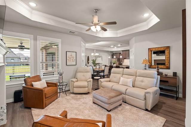 7700 Cerrito Trl, Fort Worth, TX 76123 - living room with a raised ceiling, a ceiling fan, wood finished floors, crown molding, and recessed lighting