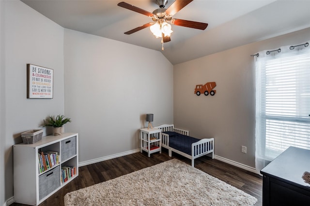 2637 Hillrich Dr, Anna, TX 75409 - bedroom with baseboards, dark wood-style flooring, lofted ceiling, and a ceiling fan