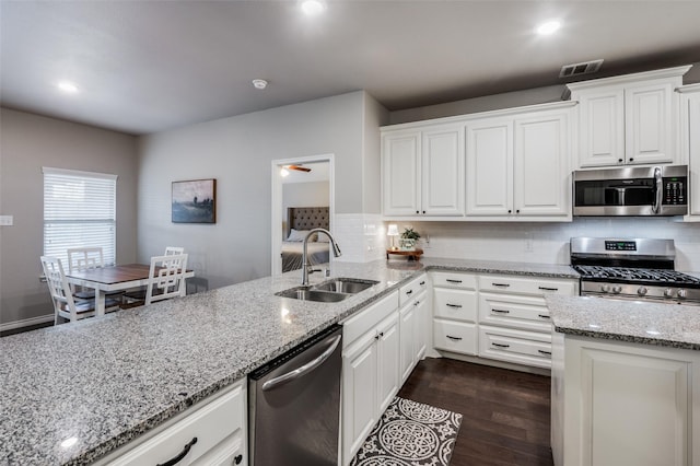 2637 Hillrich Dr, Anna, TX 75409 - kitchen with appliances with stainless steel finishes, a sink, light stone counters, and white cabinetry