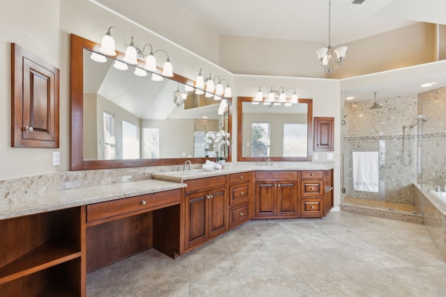 1415 Cambridge Xing, Southlake, TX 76092 - bathroom featuring a chandelier, tiled shower, and double vanity