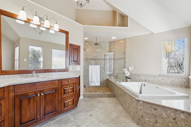 1415 Cambridge Xing, Southlake, TX 76092 - full bath featuring a shower stall, a garden tub, vanity, tile patterned floors, and high vaulted ceiling