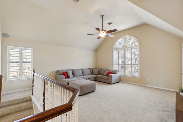 1415 Cambridge Xing, Southlake, TX 76092 - living area with plenty of natural light, light colored carpet, lofted ceiling, a ceiling fan, and baseboards