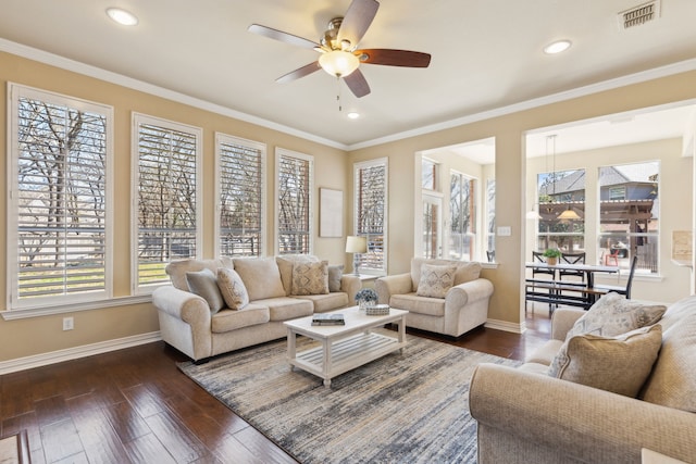 1415 Cambridge Xing, Southlake, TX 76092 - living room featuring baseboards, ceiling fan, dark wood-style flooring, ornamental molding, and recessed lighting