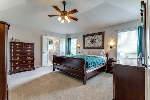 501 Valle Vista Ct, Keller, TX 76248 - bedroom featuring light colored carpet, ensuite bathroom, a ceiling fan, baseboards, and vaulted ceiling