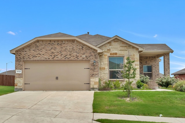 9752 New Bern Dr, Fort Worth, TX 76108 - view of front of property featuring stone siding, an attached garage, a front lawn, driveway, and brick siding