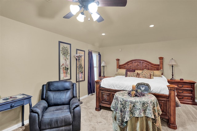 7904 Chickasaw Trl, Mckinney, TX 75070 - bedroom with light colored carpet, baseboards, recessed lighting, and ceiling fan
