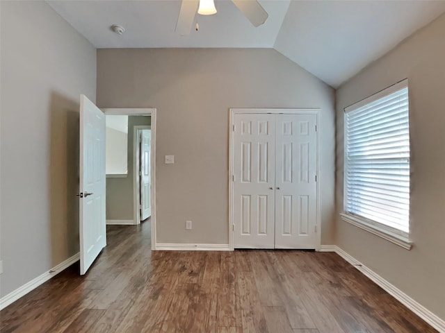1104 Cactus Spine Dr, Fort Worth, TX 76052 - unfurnished bedroom with wood finished floors, lofted ceiling, a closet, ceiling fan, and baseboards