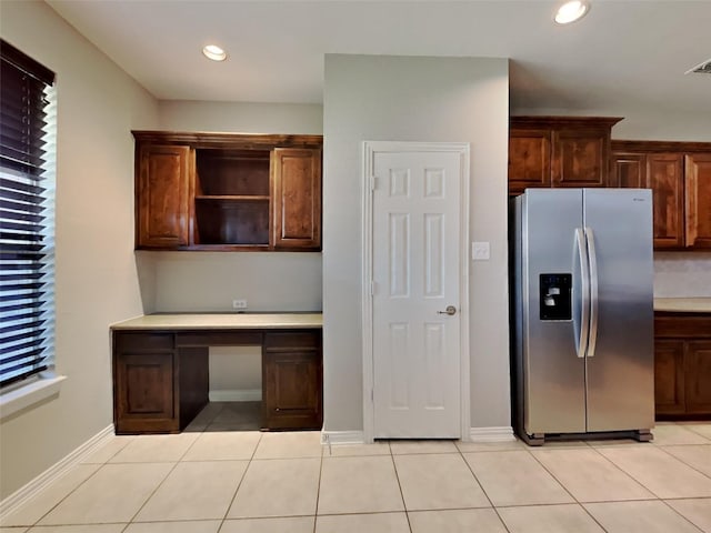 1104 Cactus Spine Dr, Fort Worth, TX 76052 - kitchen with stainless steel refrigerator with ice dispenser, light countertops, light tile patterned flooring, recessed lighting, and baseboards