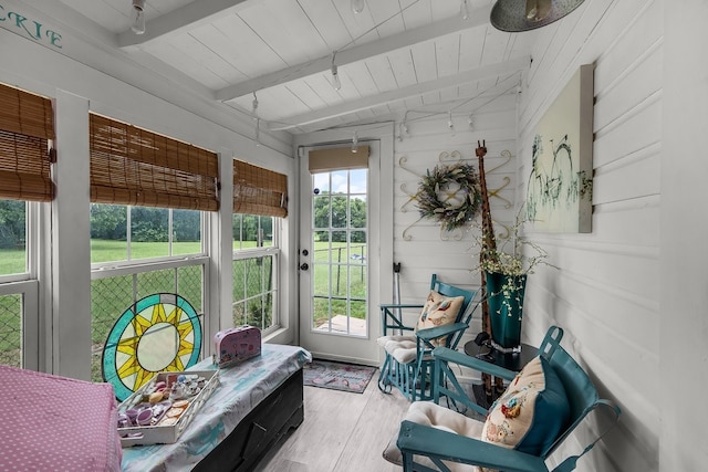 6440 Harmonson Rd, North Richland Hills, TX 76180 - sunroom / solarium featuring wood finished floors and wood ceiling with exposed beams