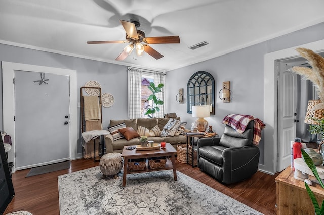 6440 Harmonson Rd, North Richland Hills, TX 76180 - living area with a ceiling fan, dark wood-style floors, and ornamental molding