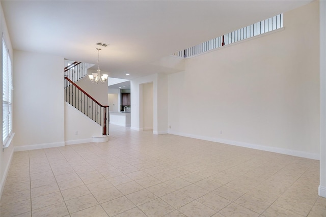 8721 Maple Ridge Rd, Fort Worth, TX 76244 - empty room with a chandelier, stairs, light tile patterned floors, baseboards, and recessed lighting
