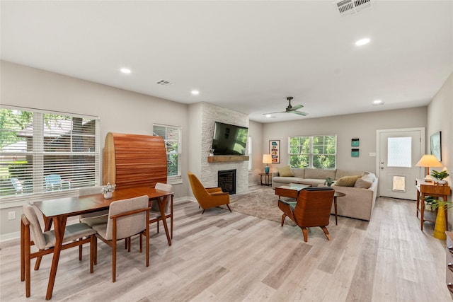 103 Idlewood Rd, Enchanted Oaks, TX 75156 - living area featuring a fireplace, light wood finished floors, recessed lighting, ceiling fan, and baseboards