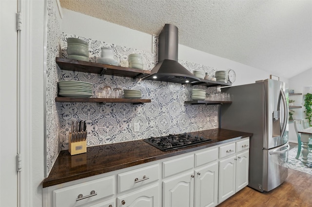 1600 Country Walk Ln, Wylie, TX 75098 - kitchen featuring open shelves, black gas cooktop, dark countertops, decorative backsplash, and a textured ceiling